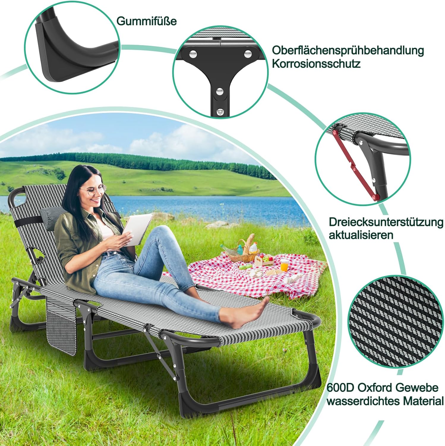 2er Set Klappbar Sonnenliege Gartenliege, 68cm Breite 200kg Loading mit Matratze und Kopfstütze Klappbar Liegestuhl, Geeignet für Balkon, Strande, Garten, Kann als Campingbett und Gästebett
