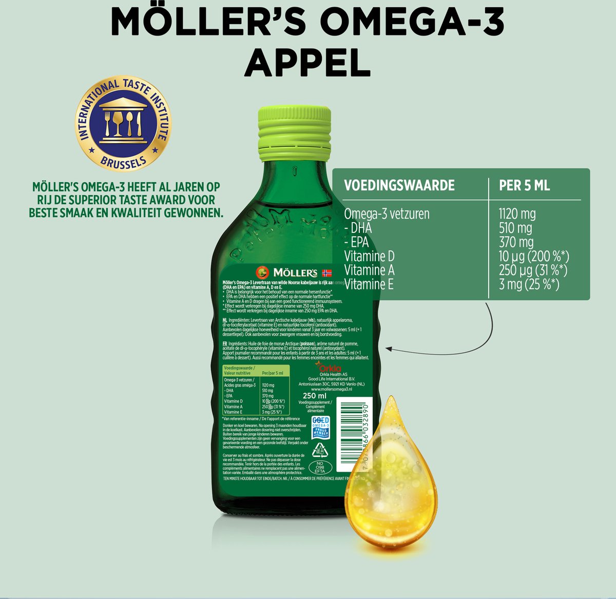 3x Mollers Omega-3 Levertraan Appel (250 ml)