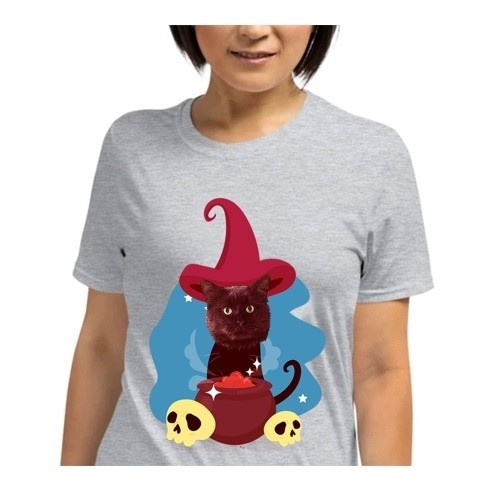 Camiseta feminina Mascochula, a maga, personalizada com seu animal de estimação cinza.