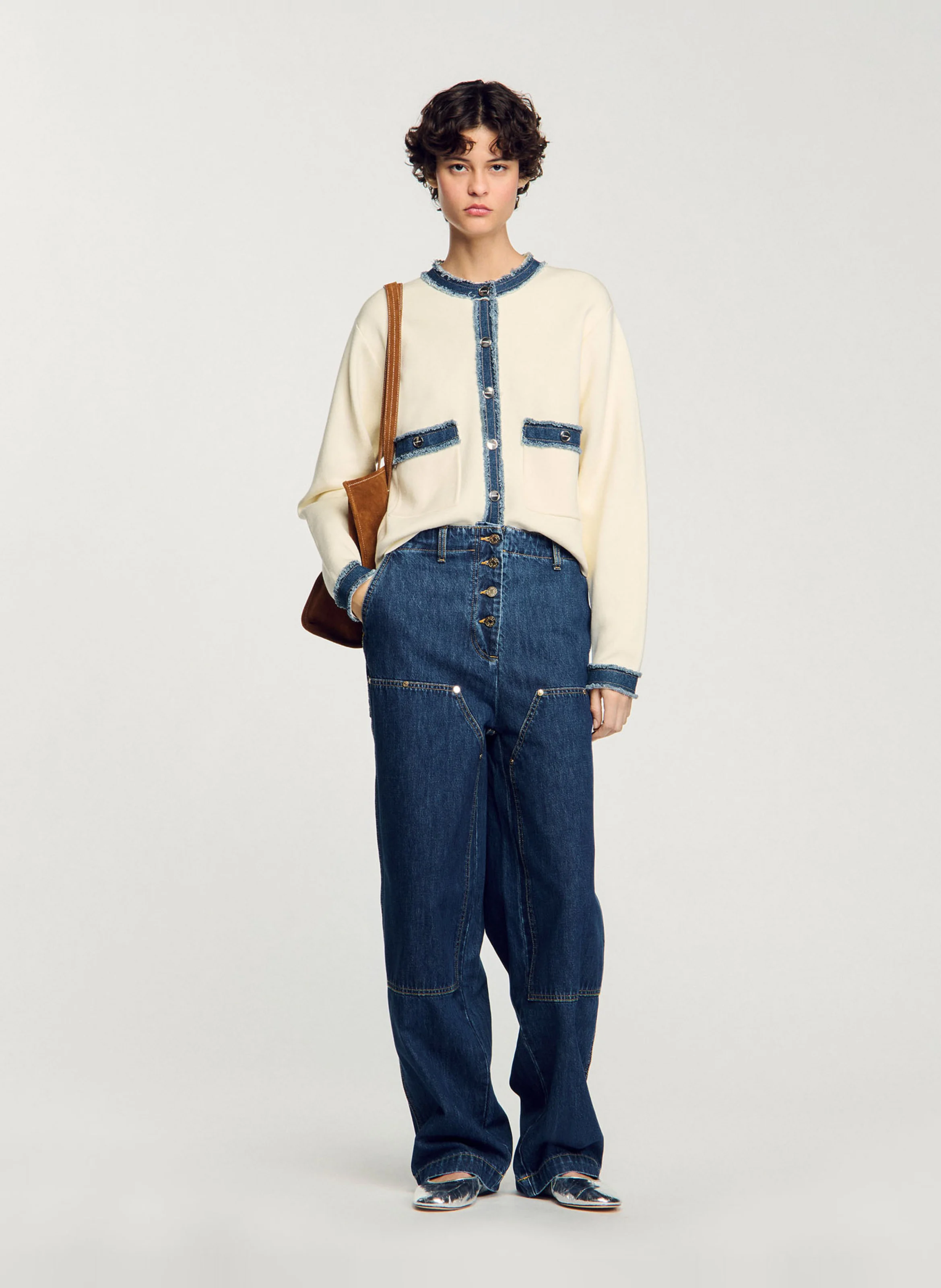 Cardigan à détails denim en coton | Blanc