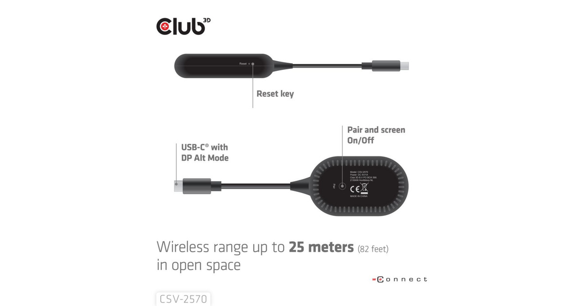 Club 3DWireless USB-C to HDMI Transmitter and Receiver adapter  (Zwart)