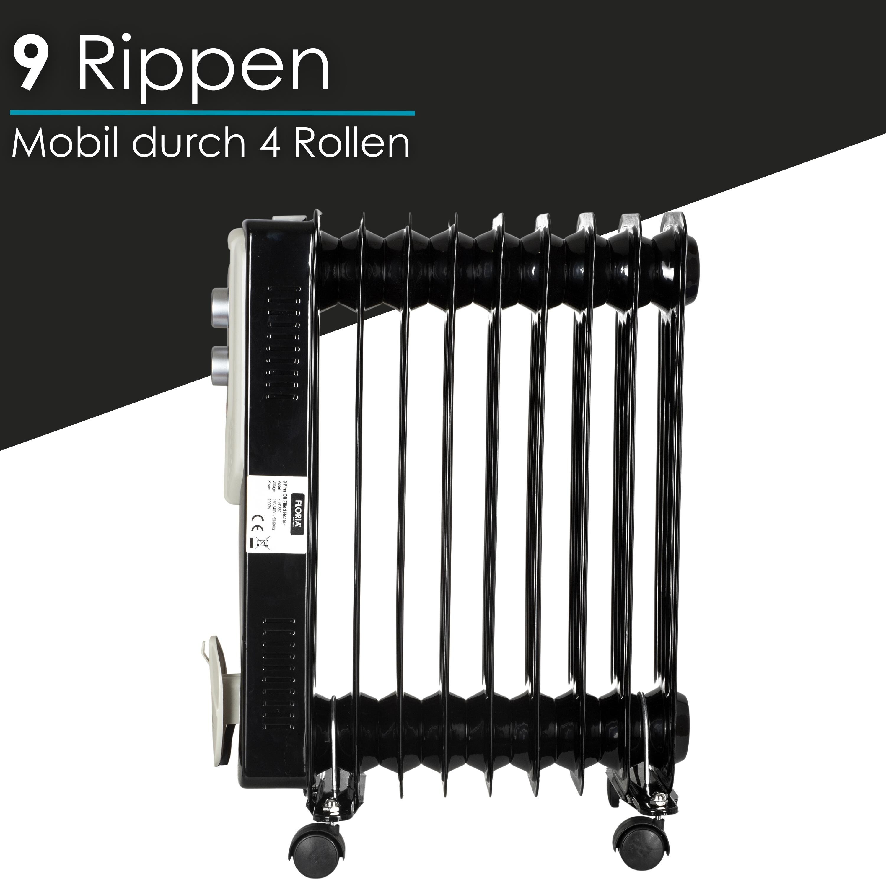 Zilan 9 Rippen Öl Radiator 2000W Elektroheizung Thermostat 3 Stufen