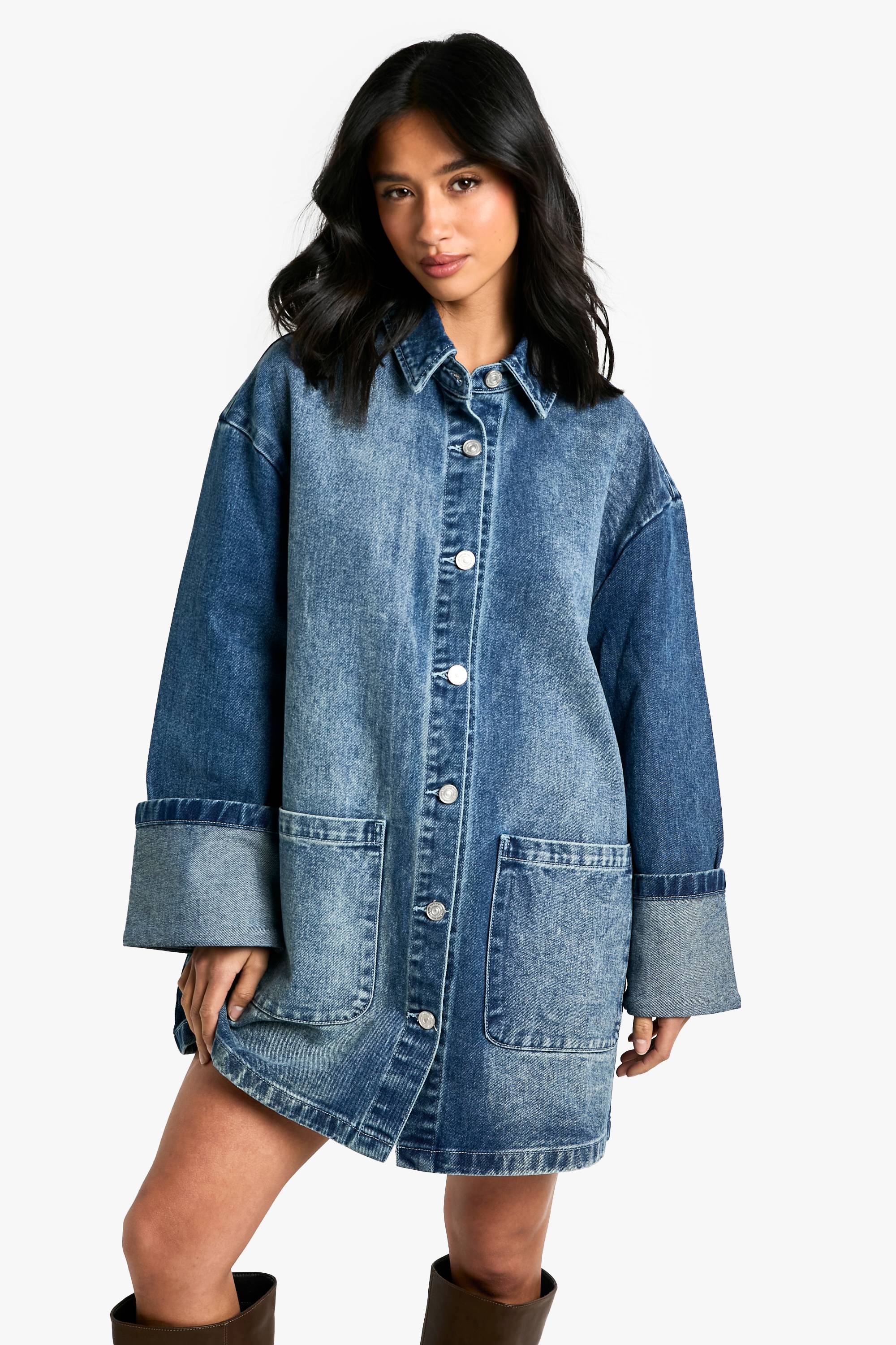 boohoo Petite Utility Turn Cuff Denim Oversized Shirt Dress