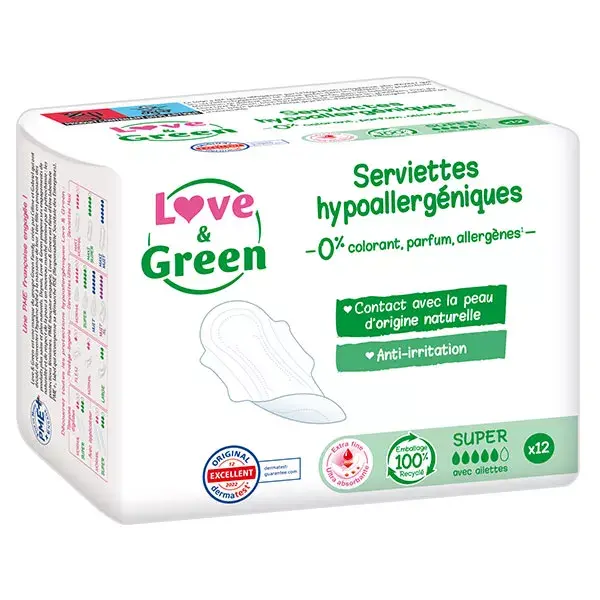 Absorventes hipoalergênicos Love & Green, pacote com 12 unidades