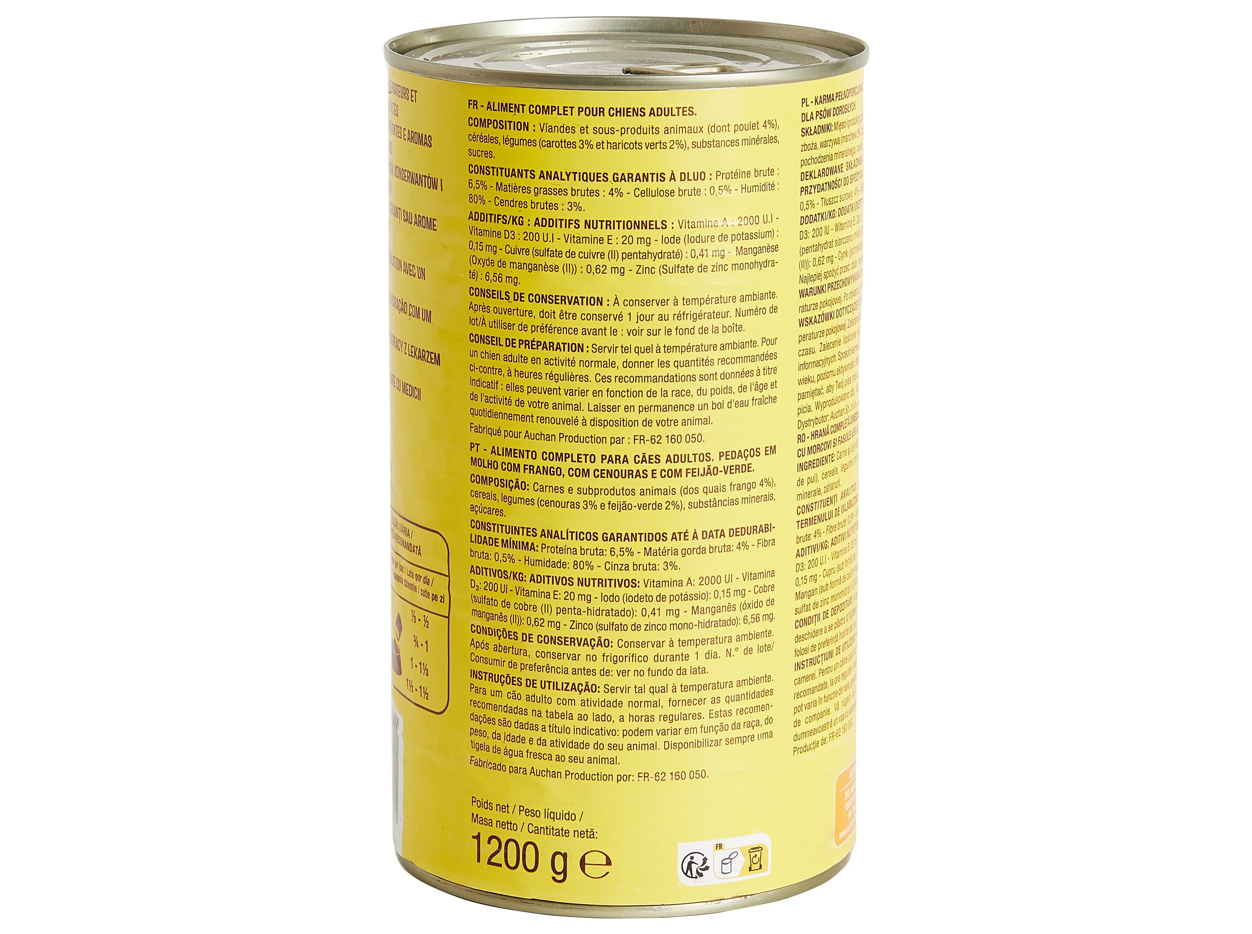 COMIDA HÚMIDA PARA CÃO AUCHAN PEDAÇOS EM MOLHO COM FRANGO COM CENOURA E COM FEIJÃO-VERDE 1200G