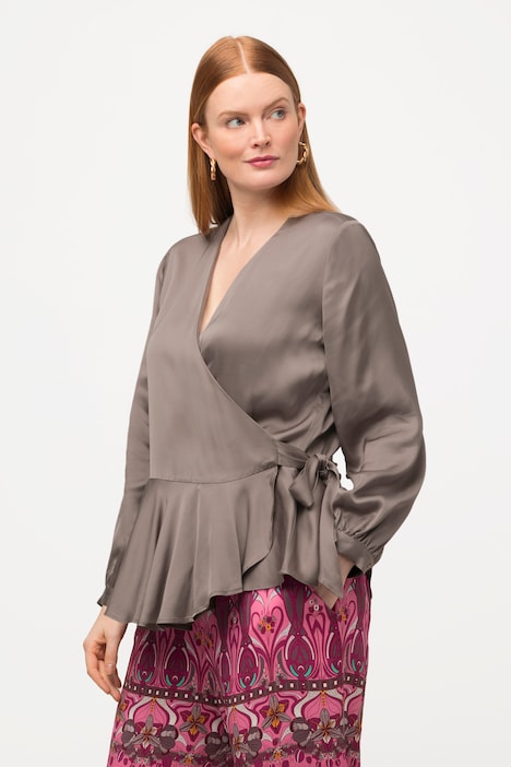 Wickelbluse, Satin, Schößchen, V-Ausschnitt, Langarm
