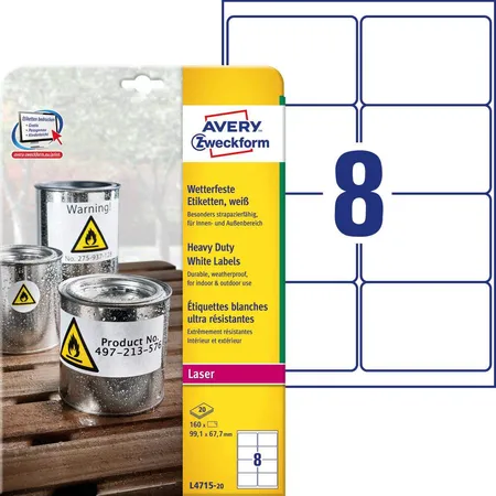 Avery Zweckform L4715-20 Wetterfeste Folien-Etiketten, 99,1 x 67,7 mm, 20 Bogen/160 Etiketten, weiß
