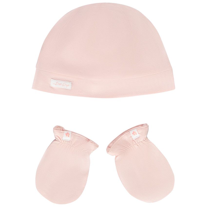 Ensemble bonnet + moufles en jersey uni pour bébé fille - Rose