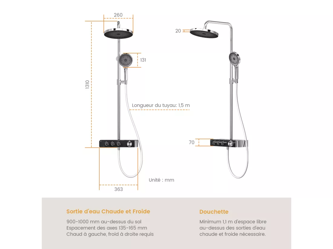 EMKE Colonne de douche Thermostat Chrome, Régulation innovante du débit, douche à effet pluie de 26 cm, douchette à main avec 3 jets Système de douche
