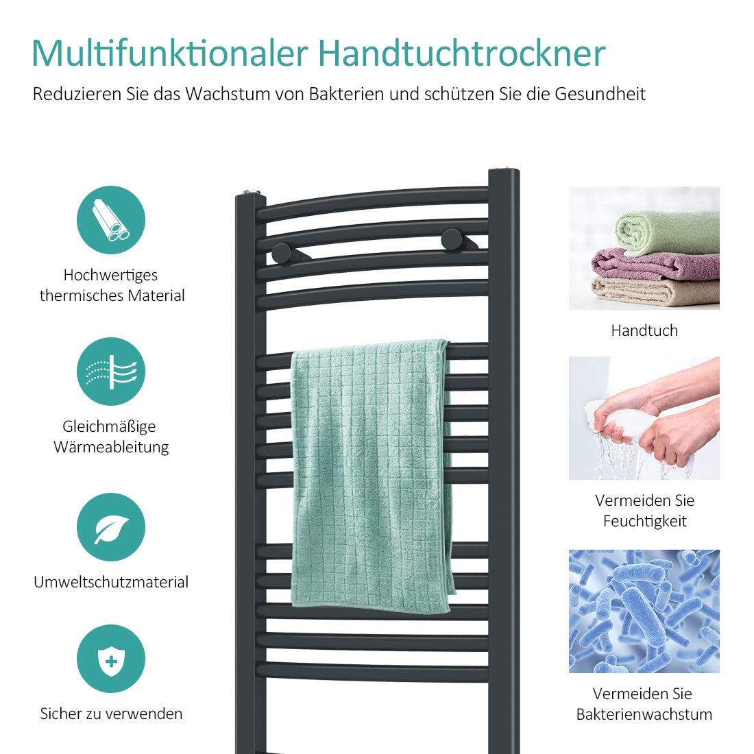 EMKE Elektrische Badkamerradiator Handdoekwarmer met Thermostaat Gebogen 120x60cm 600 Watt Antraciet Handdoekdroger Handdoekradiator Badkamer
