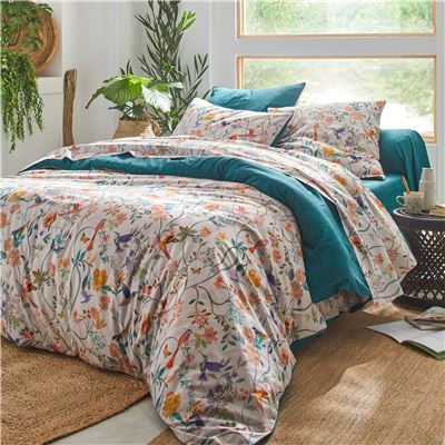 Linge de lit percale imprimé fleurs et oiseaux - BECQUET CRÉATION