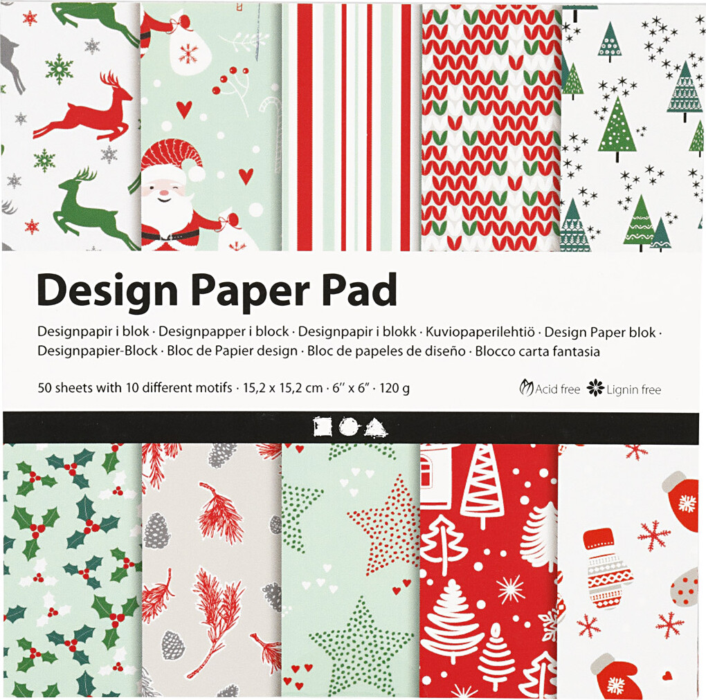 Designpapir I Blok - 15,2X15,2 CM - 120 G - Grøn Rød - Hvid - 50 Ark