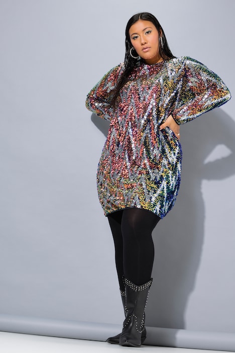 Kleid, A-Line, ZickZack Pailletten, Langarm