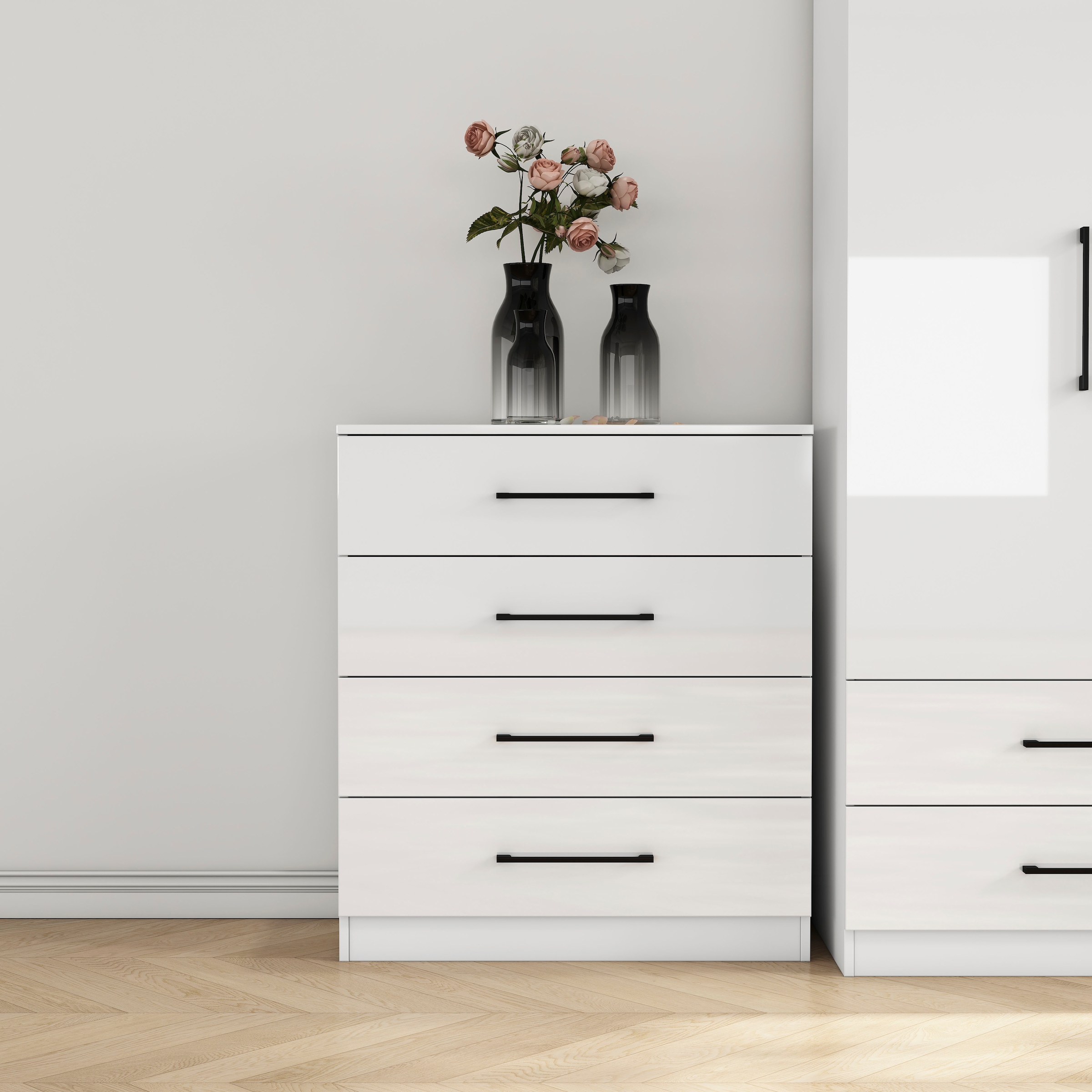 GOODproduct Schubkastenkommode »Sylt Schlafzimmerkommode Kommode Wäscheschrank Bestseller« Viel Stauraum im Schlafzimmer mit hochglänzenden Fronten, 1 Stk. tlg. Beistellschrank mit 4 Schubladen