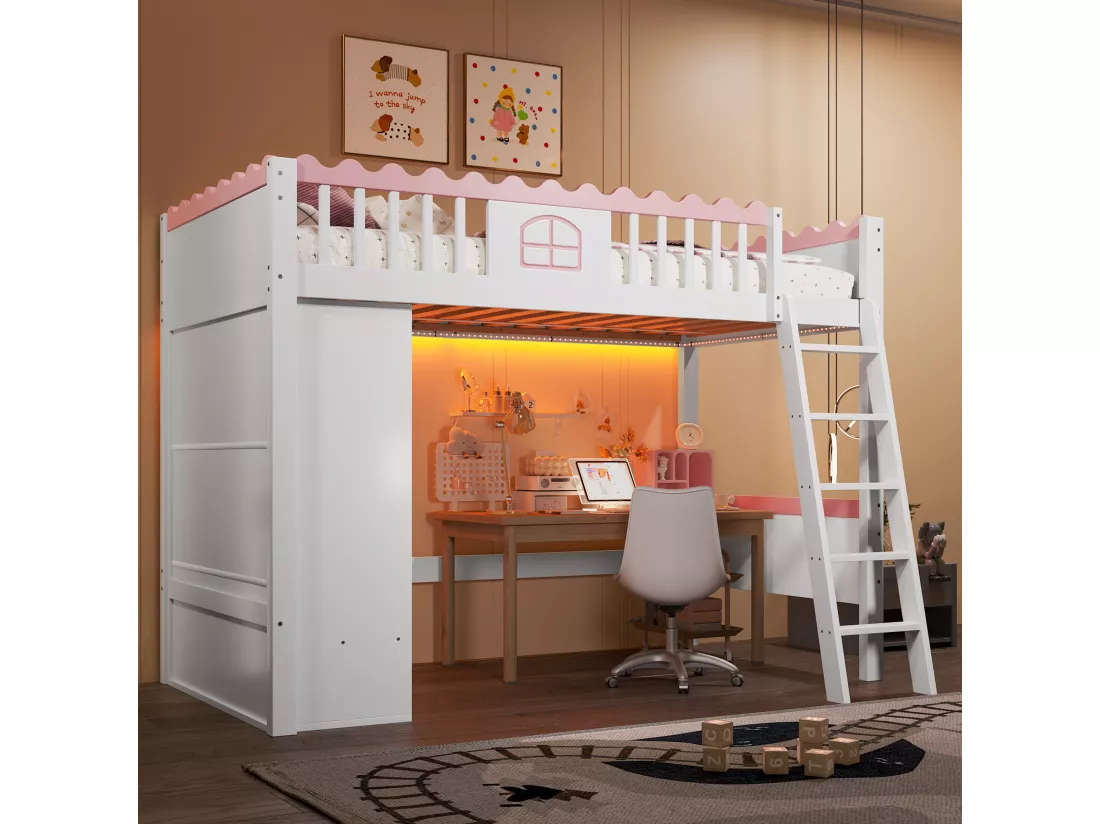 Lit mezzanine simple 90 x 200 cm - Lit enfant - Avec éclairage LED - Avec penderie - Avec tiroir de rangement - Blanc (sans matelas)