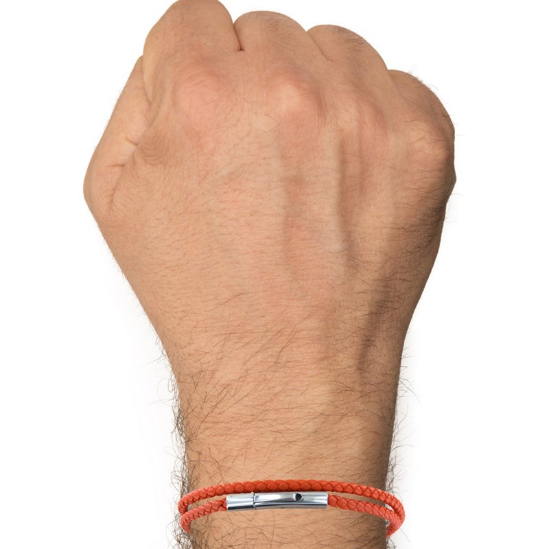 Bracelet Homme Double Tour Cuir Tréssé Rond pour Poignet 19cm - Orange