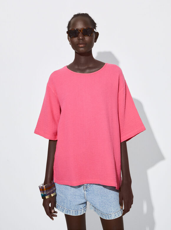 Camiseta de algodão texturizado - Rosa