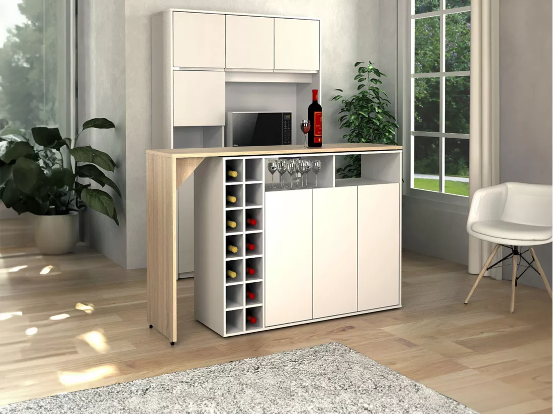 Meuble de bar pivotant avec rangements - Blanc et Naturel - VINALO