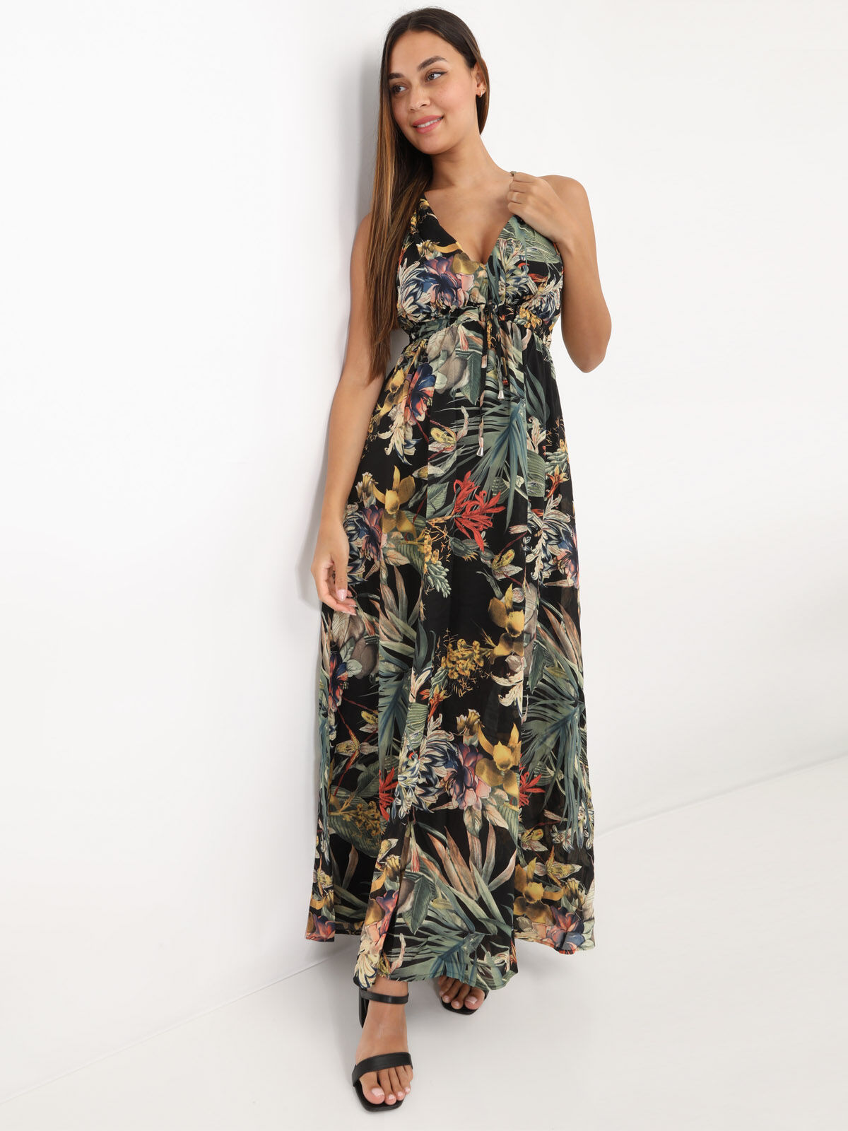 Robe longue fleurie décolletée- Noir