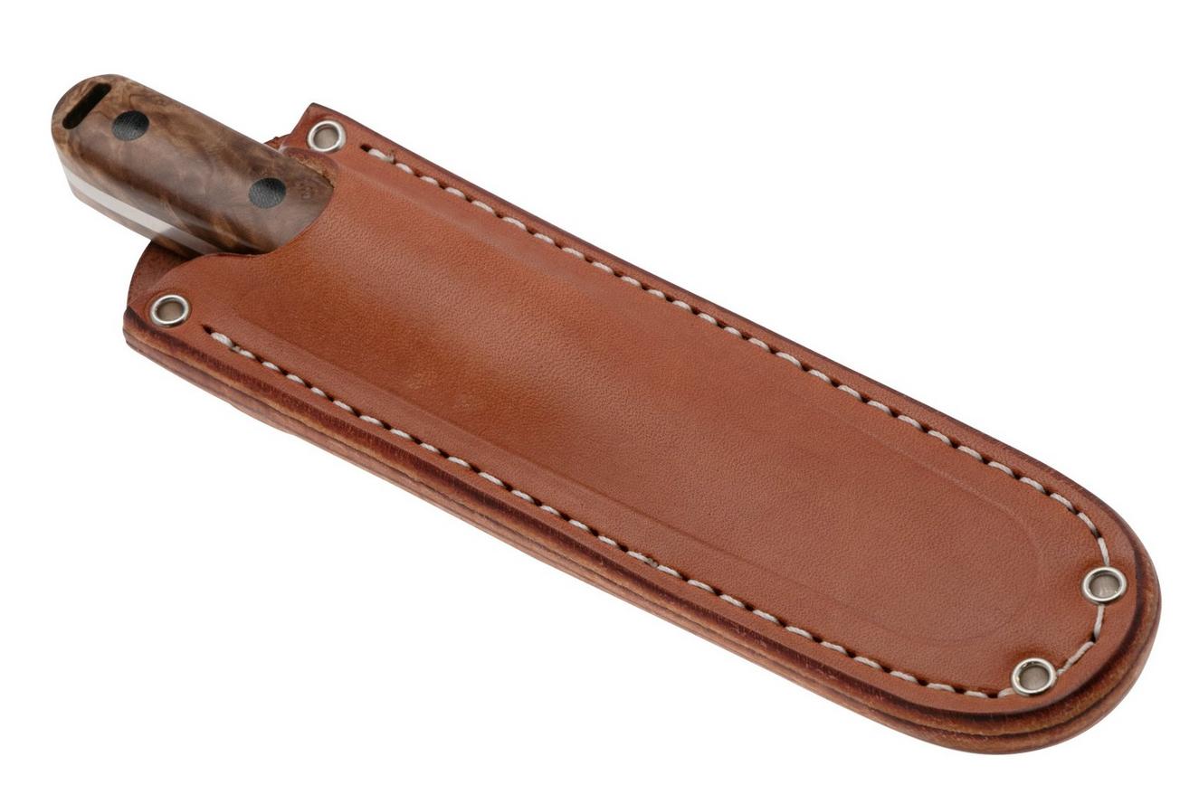 Bark River Kitsuné CPM 154 Natural Maple Burl Black Micarta Bolster and Pins, vaststaand mes