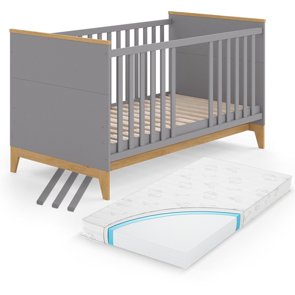 VitaliSpa Kinderbett Babybett Juniorbett Malia Grau Eiche Matratze modern 70x140 cm Kinderzimmer Bett Babyzimmerbett Kindermöbel Babymöbel Schlupfsprossen Lattenrost Rausfallschutz Einzelbett