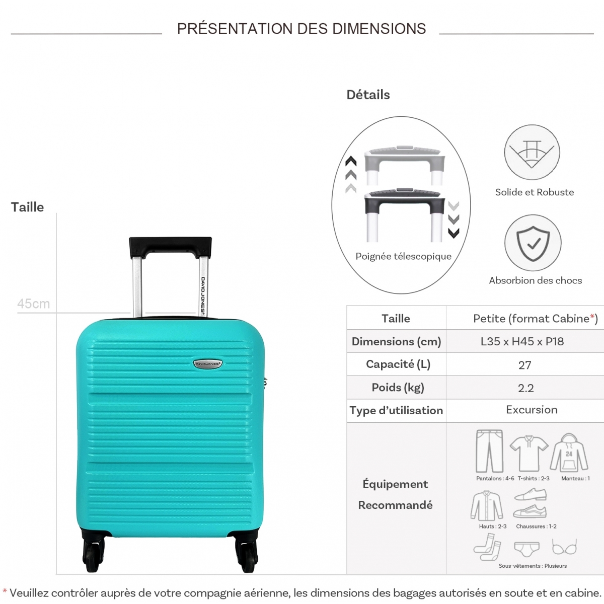David Jones Valise cabine XS underseat rigide David Jones ABS 45cm