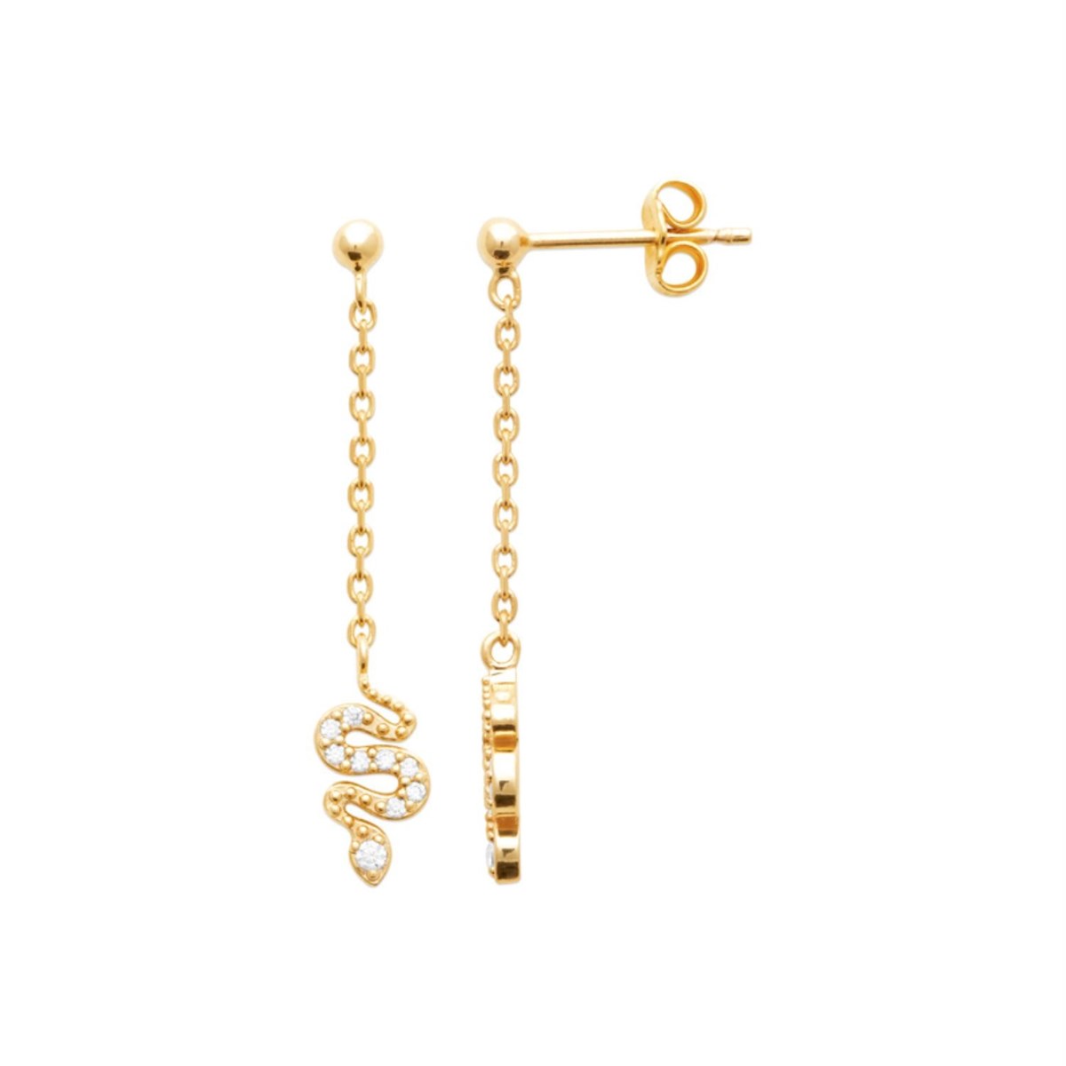 Boucles d'oreilles animal serpent serti d'oxydes de zirconiums avec chainette Plaqué OR 750 3 microns