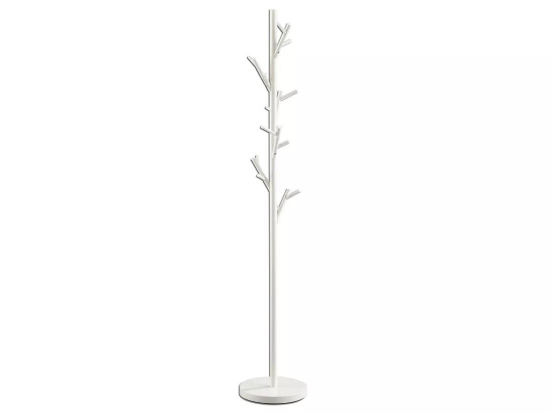 Porte-manteaux ZENO portant à vêtements sur pied en forme d'arbre avec 6 crochets sur différentes hauteurs, en métal laqué blanc