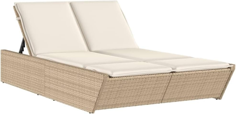 IKAYAA Doppelliege Outdoor 2 Personen Verstellbar Sonnenliege 2 Personen Rattan Sonnenliege Sonnenbett Loungebett Gartenbett mit Auflage Liege Outdoor Rattanliege Beige und Creme