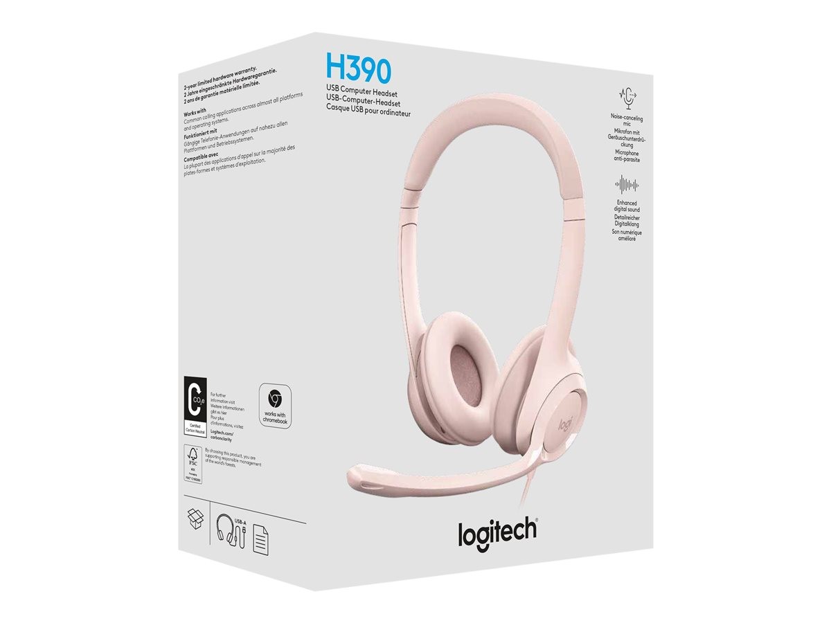 Logitech - H390 Headset med ledning til pc/laptop, stereohovedtelefoner med støjreducerende mikrofon, USB-A, ROSE