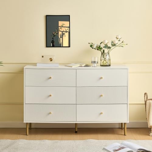 Merax Sideboard mit 6 Schubladen – Moderne Kommode in Weiß für Schlafzimmer, Wohnzimmer & Eingangsbereich – Robuste MDF-Kommode mit Zinklegierung-Griffen und Stahlbeinen