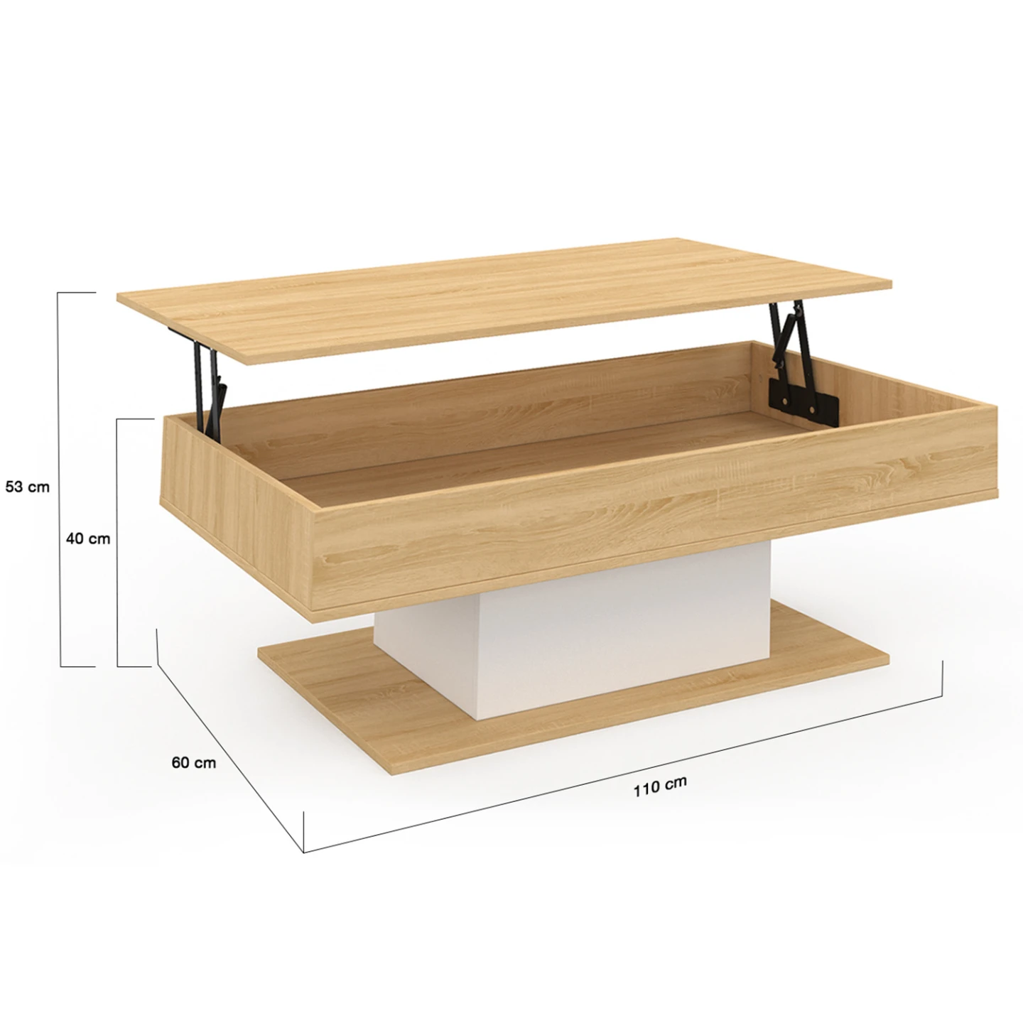 Table basse plateau relevable rectangulaire EDEN bois et blanc