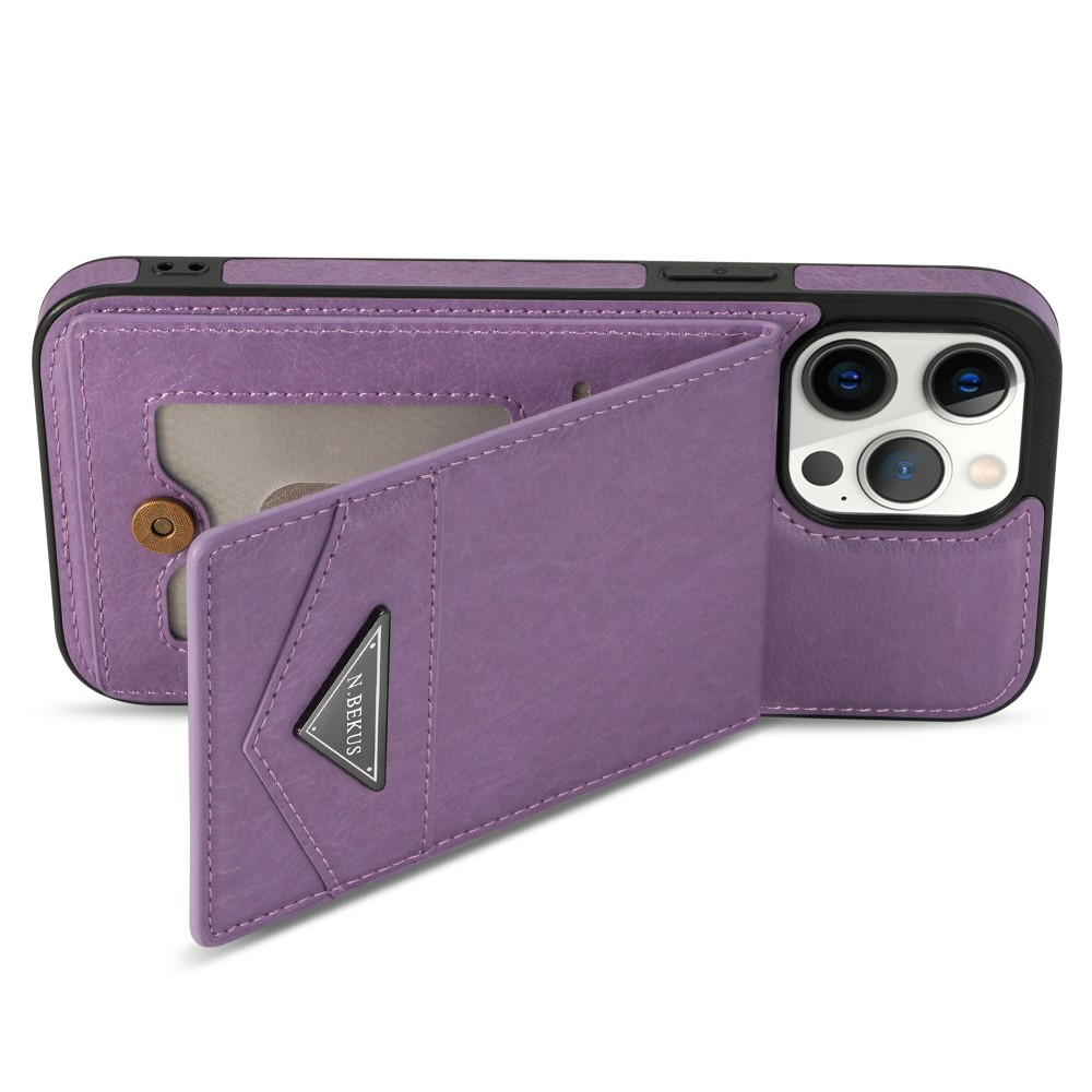 iPhone 15 Pro Max Hybrid Leder Hardcase Hülle mit Kartenfächer mit Aufsteller (RFID Schutz) - Lila
