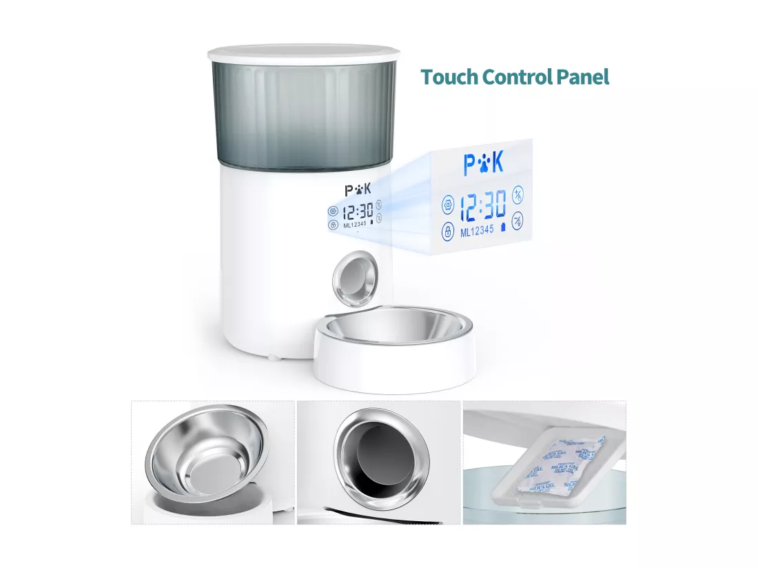 M80 LCD Distributeur de Croquettes 4L p&k Chats/ Chiens Distributeur Automatique Nourriture avec Bol Inox F10S Vocal Programmable 5Repas/Jour,Blanc
