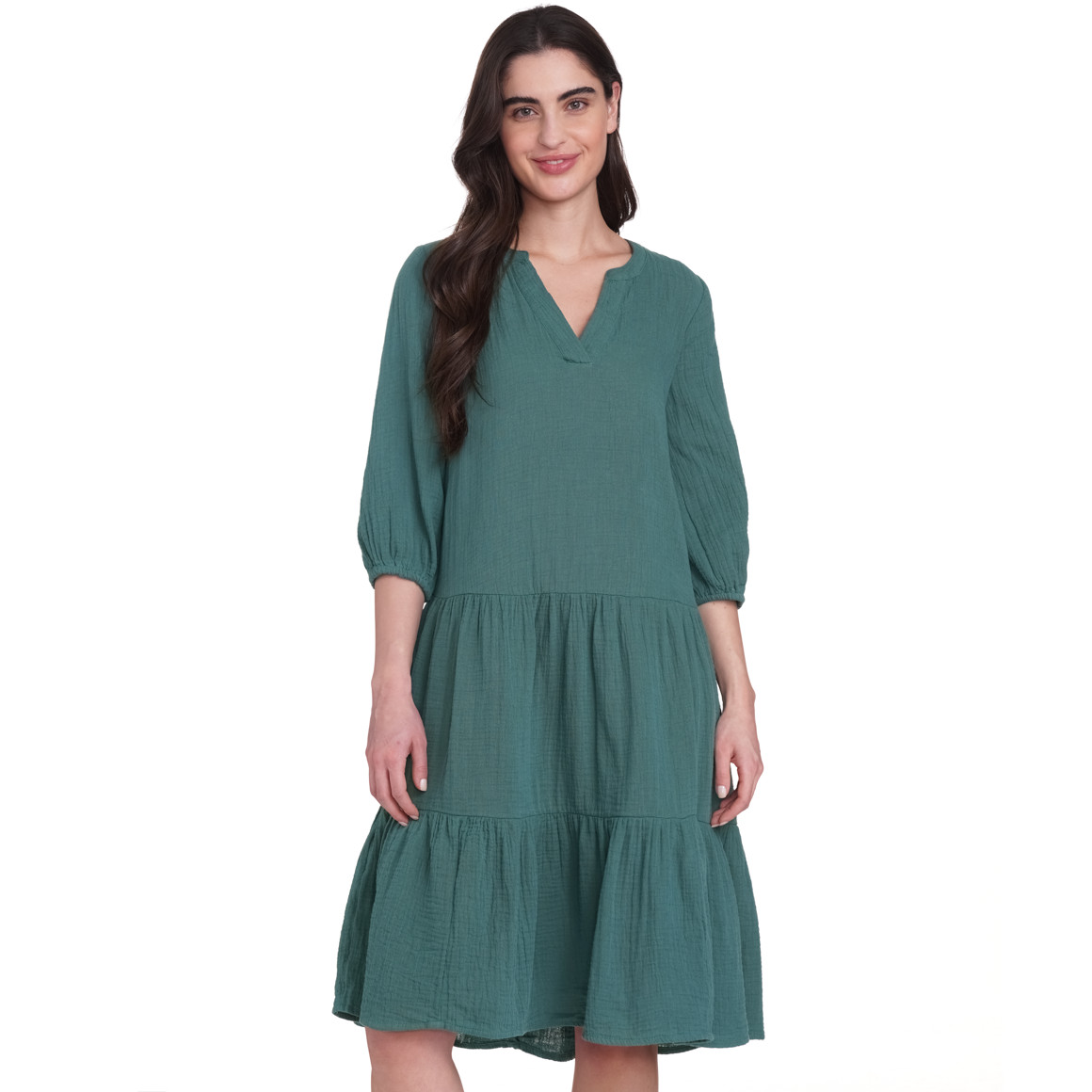 Gina Damen Musselin-Kleid mit weiten Ärmeln dunkelgrün