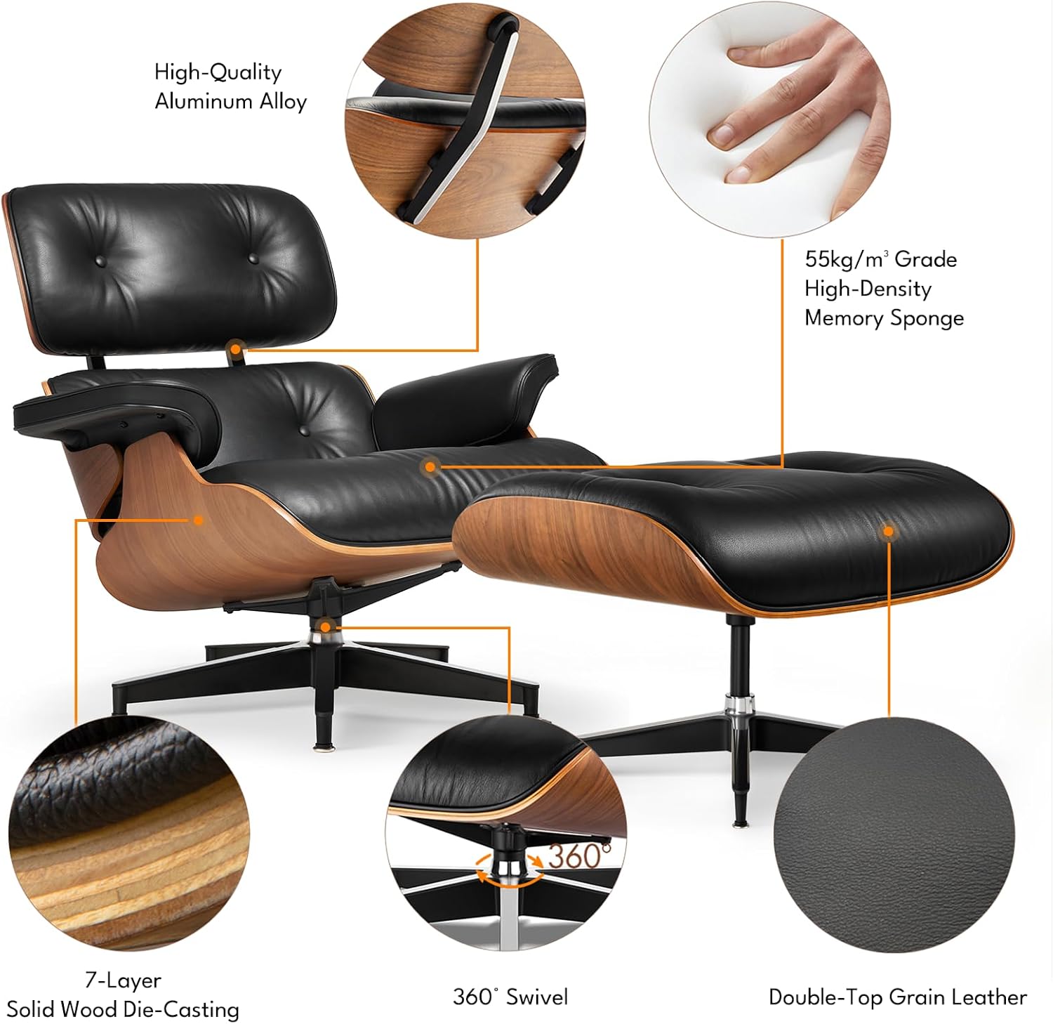 Echtleder Relaxsessel mit Hocker, Moderner Drehbarer Fernsehsessel, Chaiselongue mit Ottomane, Fester Neigungswinkel von 105°, Massiver Holzrahmen mit Gepolstertem Kissen, (Verbesserte)