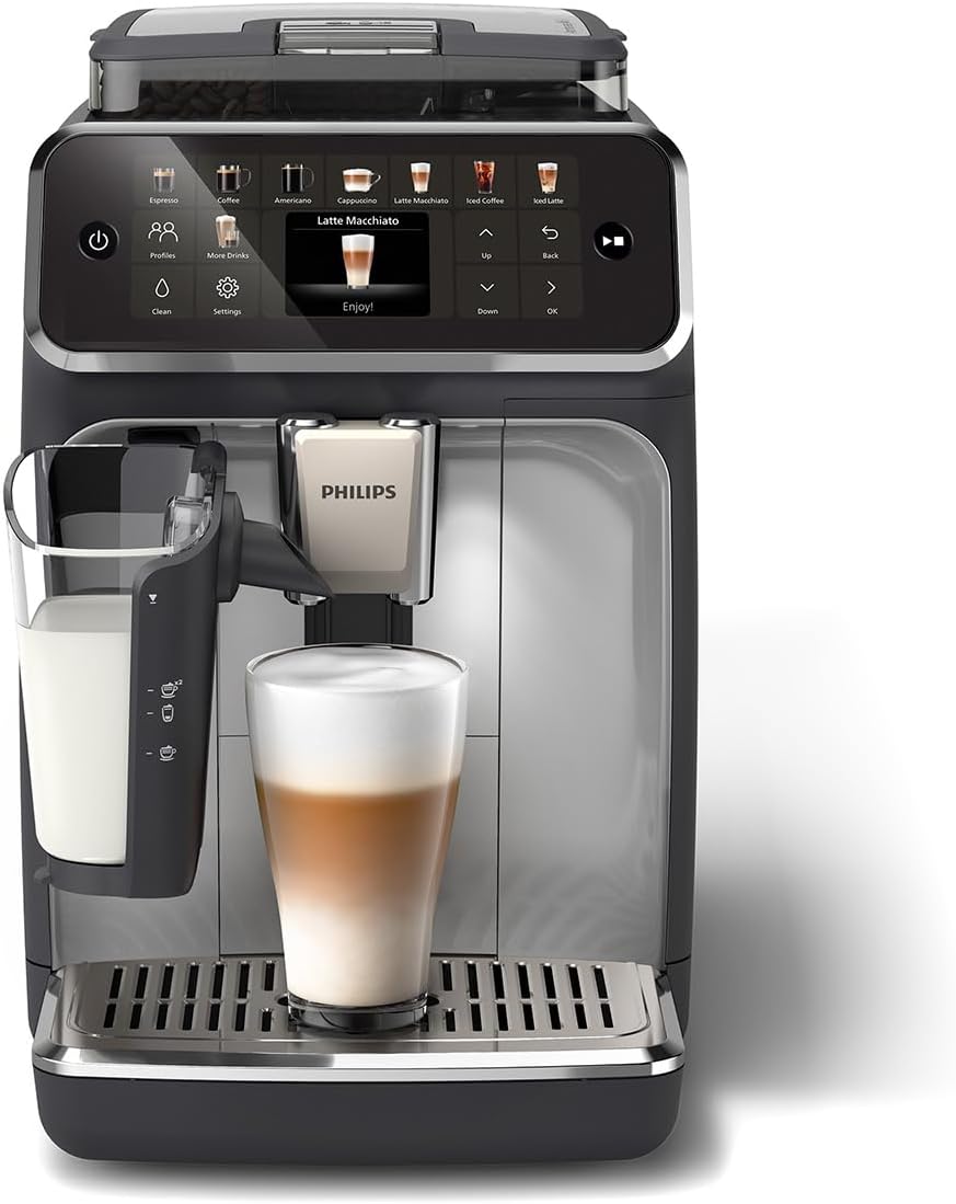 Philips Serie 5500 Kaffeevollautomat – LatteGo Milchsystem, 20 heiße und kalte Kaffeespezialitäten, 40% leiser mit SilentBrew, QuickStart, Schwarz und Silber (EP5546/70)