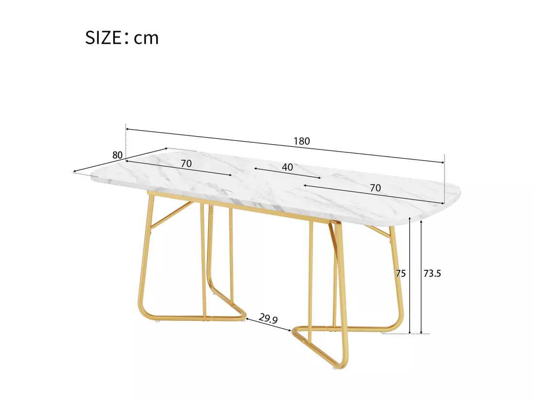Table à manger avec structure en marbre, table à manger extensible 140/180*80 cm, pieds de table en métal doré, convient pour 4 à 6 personnes