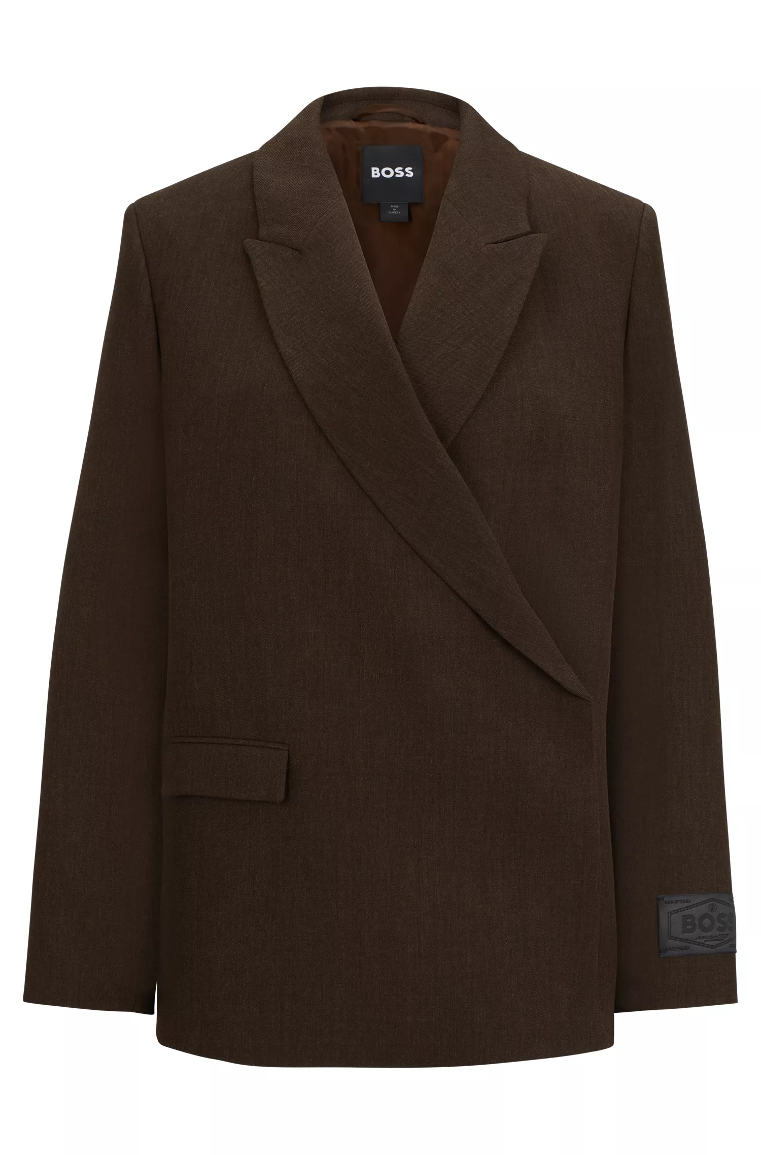 Blazer BOSS preto em crepe de lã virgem com fecho oculto.