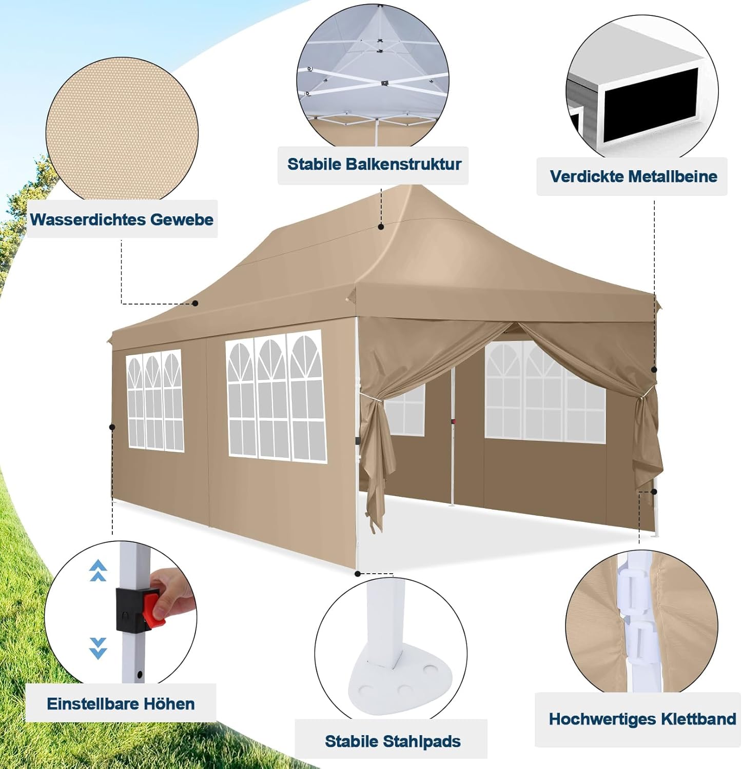 COBIZI Faltpavillon 3X6m Wasserdicht Stabil Pavillon 3x6m, Partyzelt Faltbar Anti-UV mit 6 Seitenwänden, Gartenpavillon Zelt für Hochzeiten, Freien, Garten