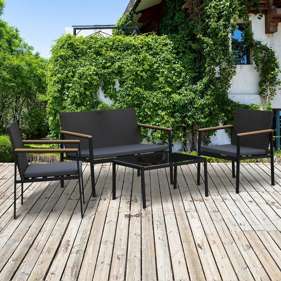 Outsunny Polyrattan Sitzgruppe als 4-teiliges Set schwarz, grau