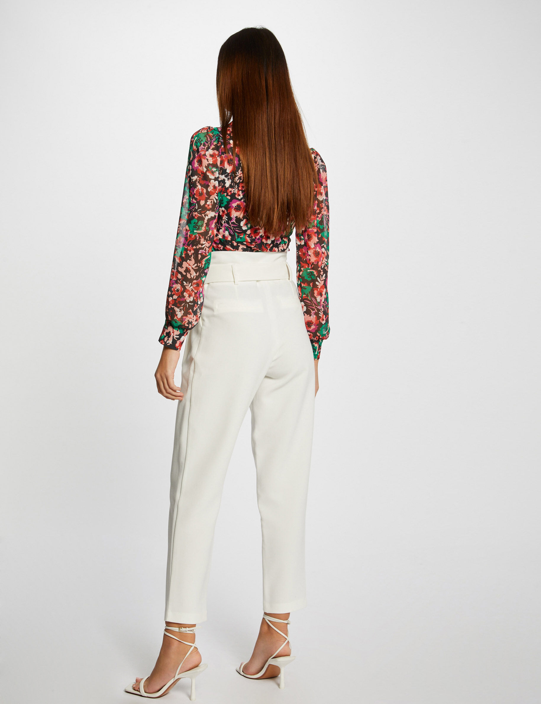 Pantalon droit taille haute ceinturé ecru femme - ecru