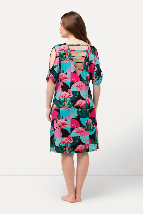 Jerseykleid, Flamingos, A-Linie, V-Ausschnitt, Halbarm