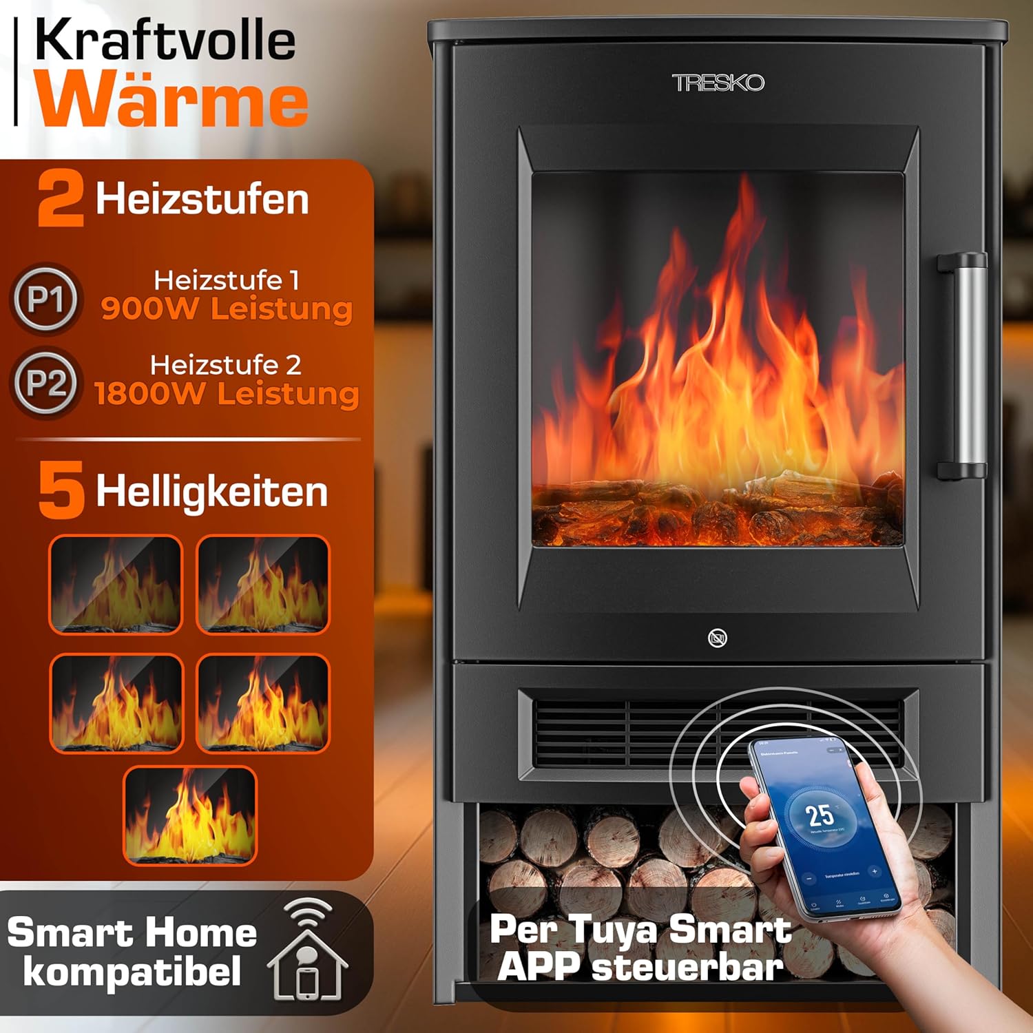 TRESKO® Elektrokamin mit Heizung inkl. Fernbedienung & WiFi App | Kamin elektrisch 1800W LED-Flammeneffekt Farbmodi | Kaminfeuer Thermostat, Timer | Elektro Kaminofen Standkamin 2 Heizstufen (Schwarz)
