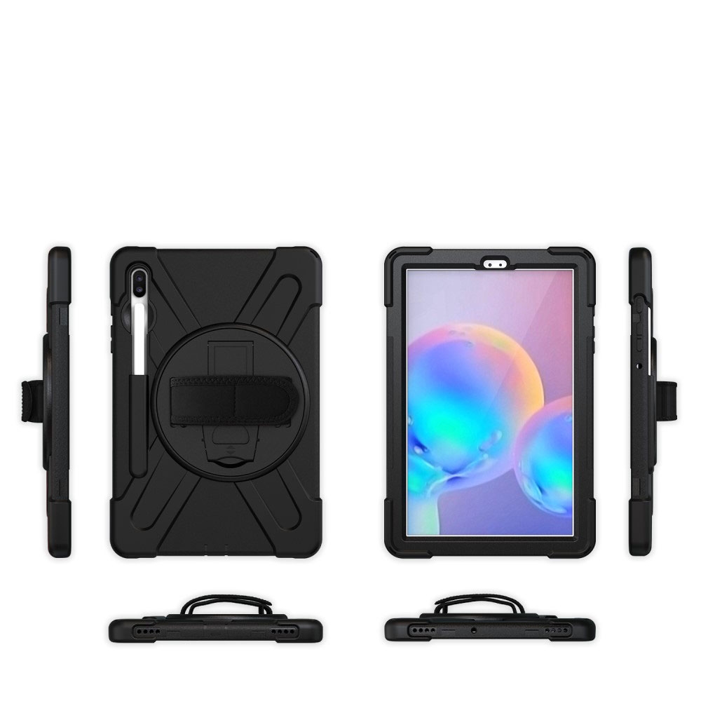 Samsung Galaxy Tab S6 Hybrid Outdoor Silikon Case Hülle mit Aufsteller und Handschlaufe und Schultergurt - Schwarz