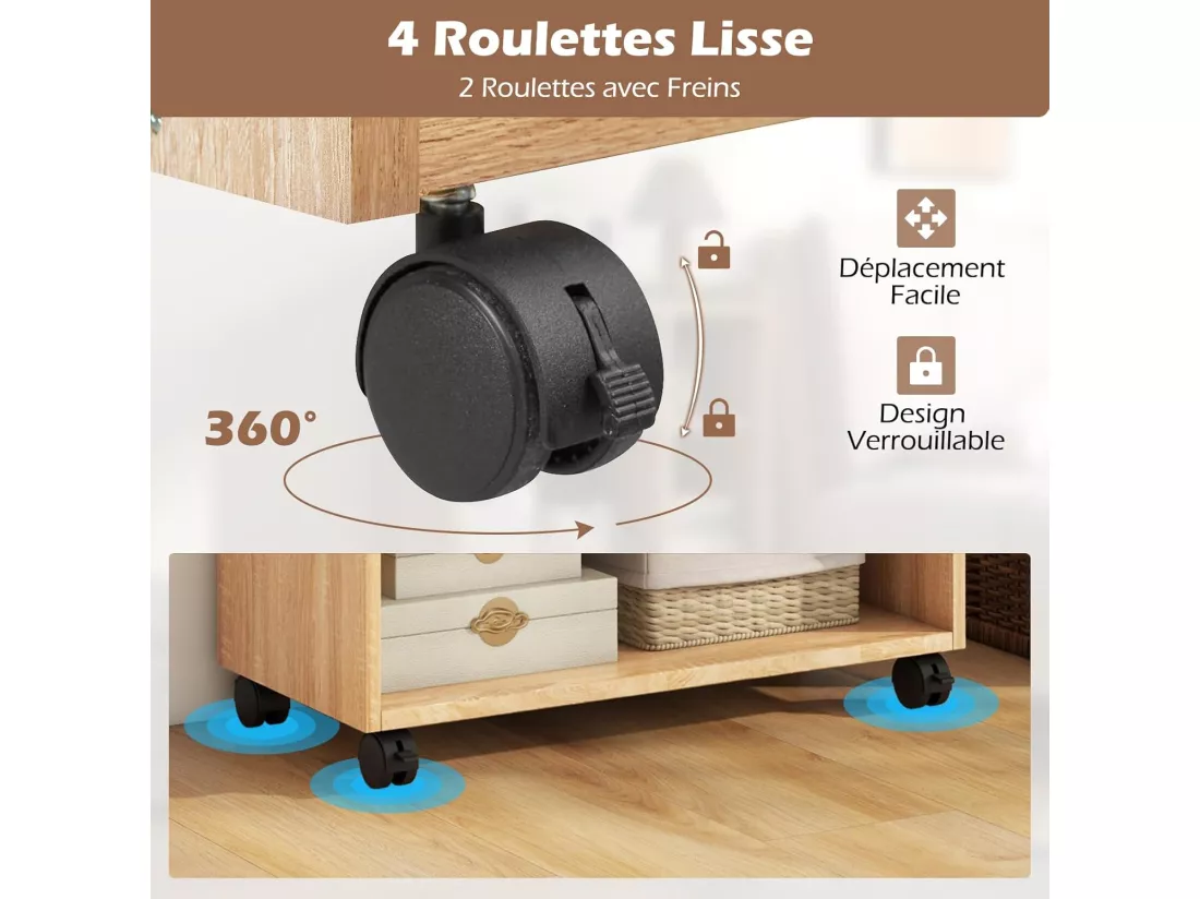 Table d’appoint à roulette, meuble tourne-disque vinyle, 5 compartiments ouverts (jaune)