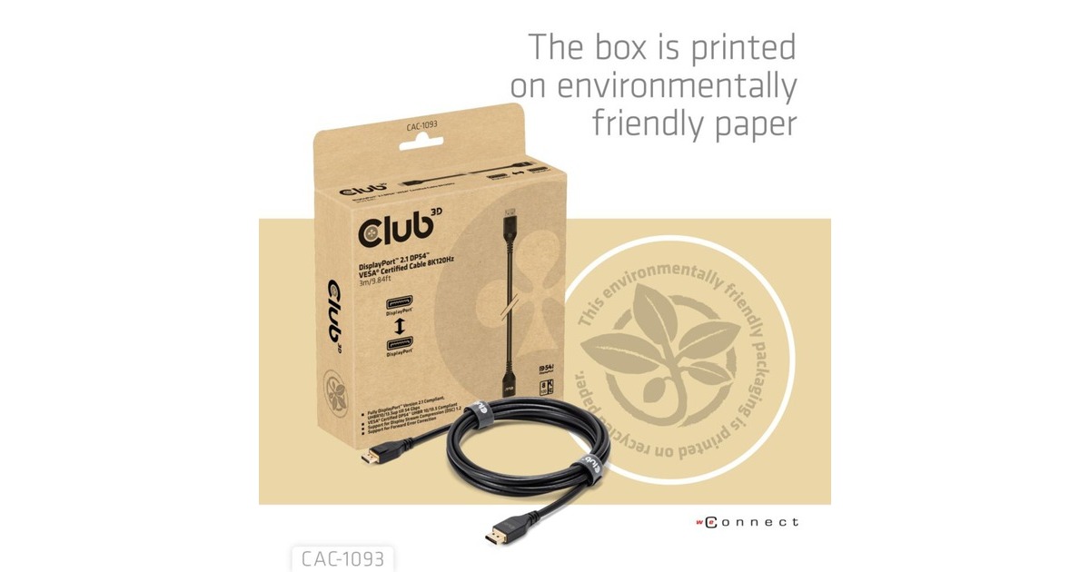 Club 3DDisplayPort 2.1 DP54 VESA Certified Cable 8K120Hz  kabel  (Zwart, 3 meter)