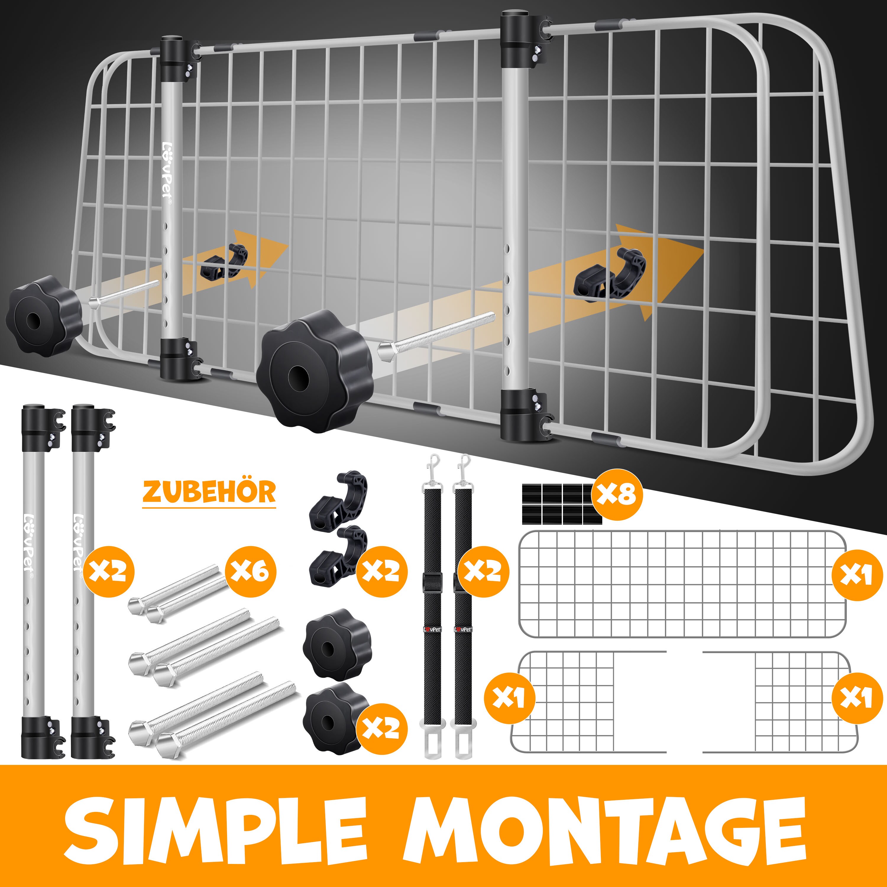 LovPet® Hundegitter Auto, Autoschutzgitter Trenngitter Universal, verstellbare Breite, Kopfstütze Kofferraum Autogitter Maße HxB 30 x 91-153 cm Kofferraumgitter,+ 2x Sicherheitsgurt für Hunde