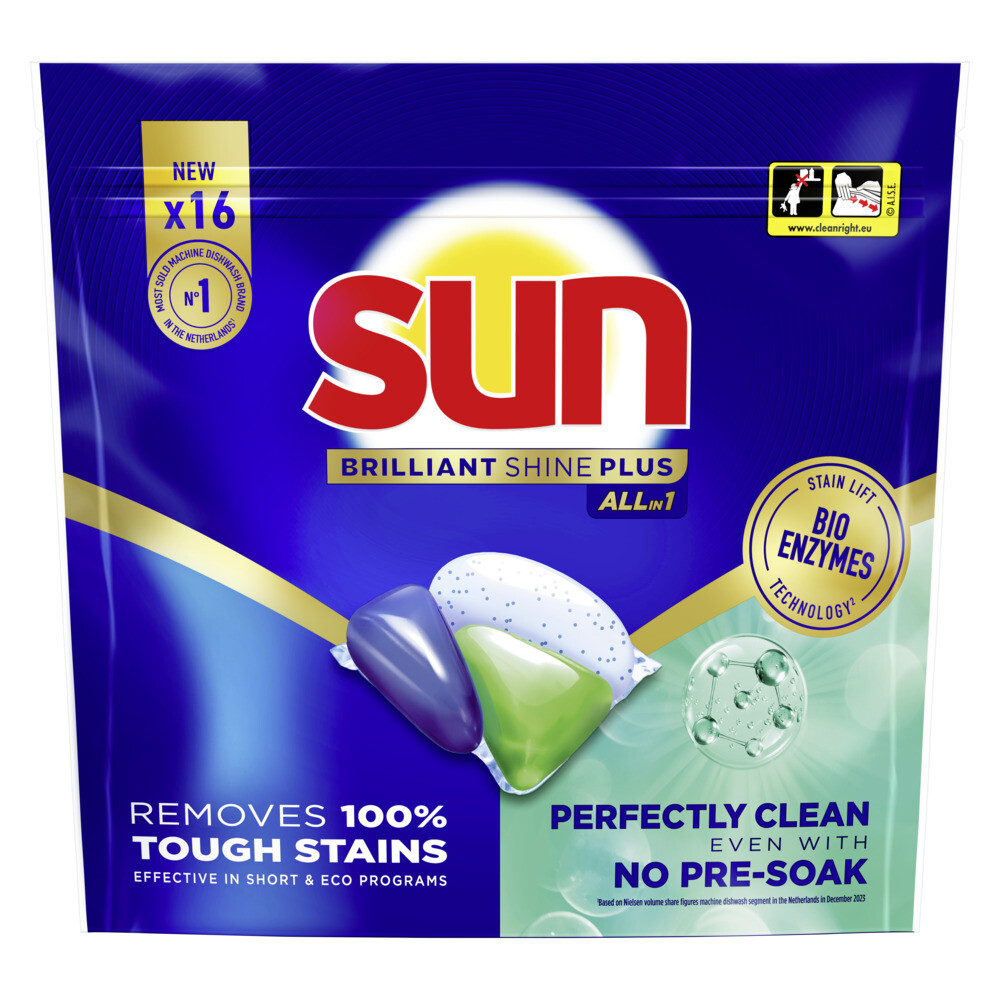 8x Sun Brilliant Shine+ All-in 1 Vaatwascapsules16 stuks