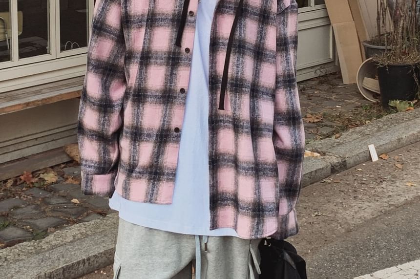 SeoulPop - Geruite, losse capuchonsweater met lange mouwen